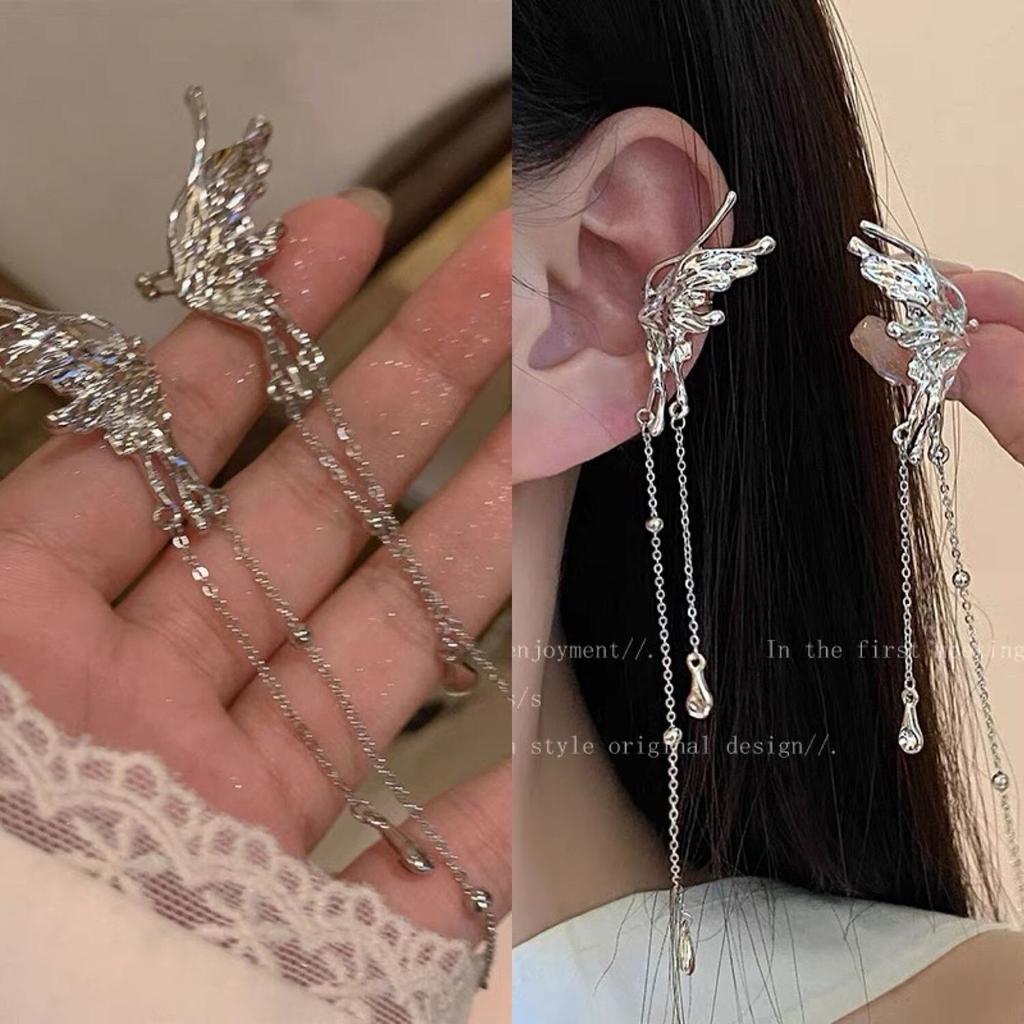1 Paar Elegante Elfen Schmetterling Lange Quaste Clip Ohrringe für Damen Wed Braut Retro Kpop Kein Piercing Ohrknorpel Ohr Manschette Zirkon Geschenk