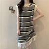 Vintage Striped Tassel Knitted Vest Dress for Women Summer Loose Slim Design Sense Skirt