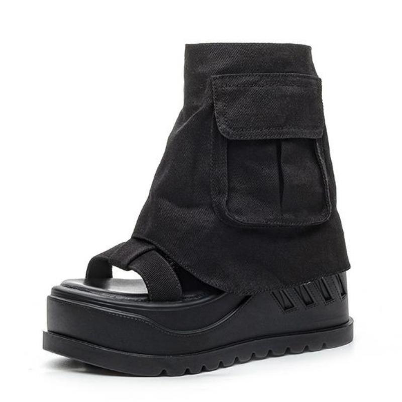 Fashion 10CM Fashion Canvas Spring Summer Platform Wedge Flats Sandal Women Autumn British Motorcycle Fashion ZIP Ankle Boots Shoes