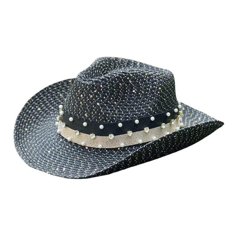 Pearl webbing sequined straw hat women's spring and summer outdoor travel sun protection sunshade mountaineering western cowboy hat