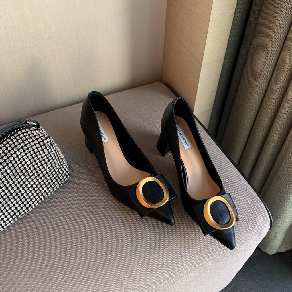 Luxury Brand Chunky High Heels Women Metalic Buckle Pumps Bowtie Shoes Ladies Wedges Slip On Mary Jeans Bridesmaid Wedding Shoes