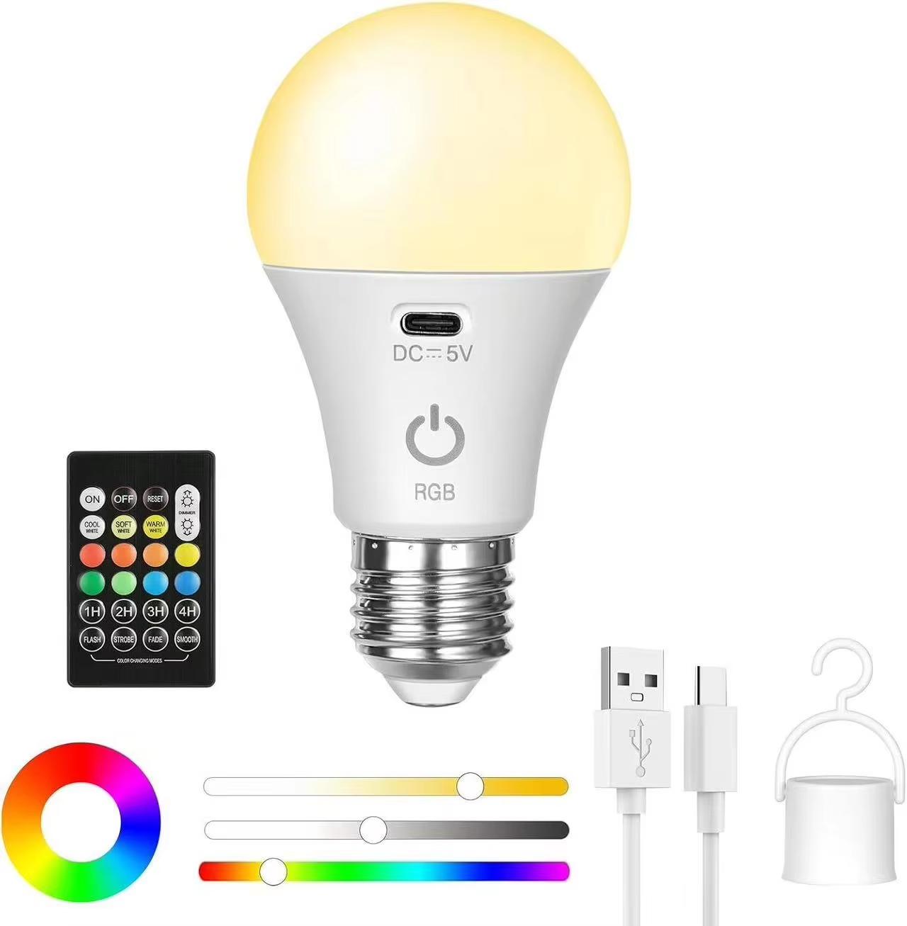 

HOMEFISH RGB/3 color USB Led Bulb Rechargeable Light Bulb Smart Bulb Dimmable E27 Bulbs with Timing Cordless Battery