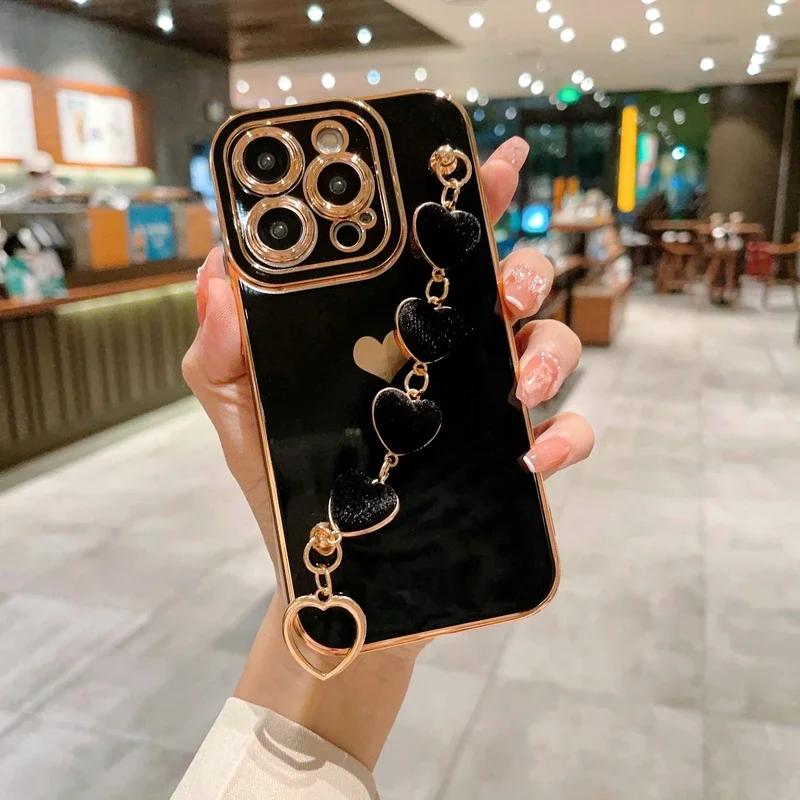 Luxury Soft Love Heart Bracelet Phone Case For iPhone 11 12 13 14 15 Pro Max XS X XR 7 8 Plus SE 2020 2022 Lint Bumper Cover