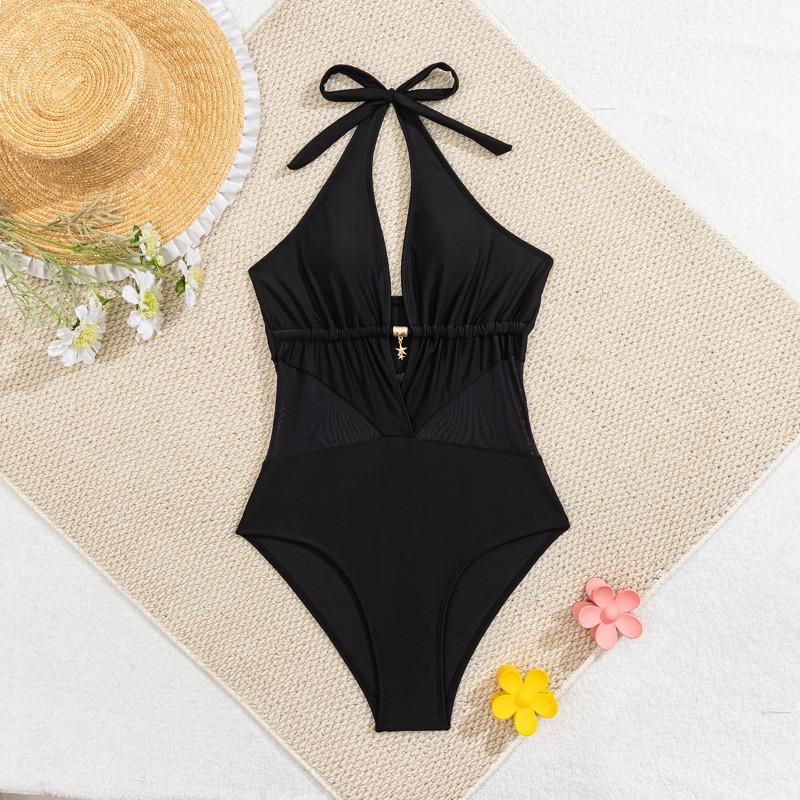 Women's New Mesh Patchwork Halter Sexy One Piece Bikini Swimsuit