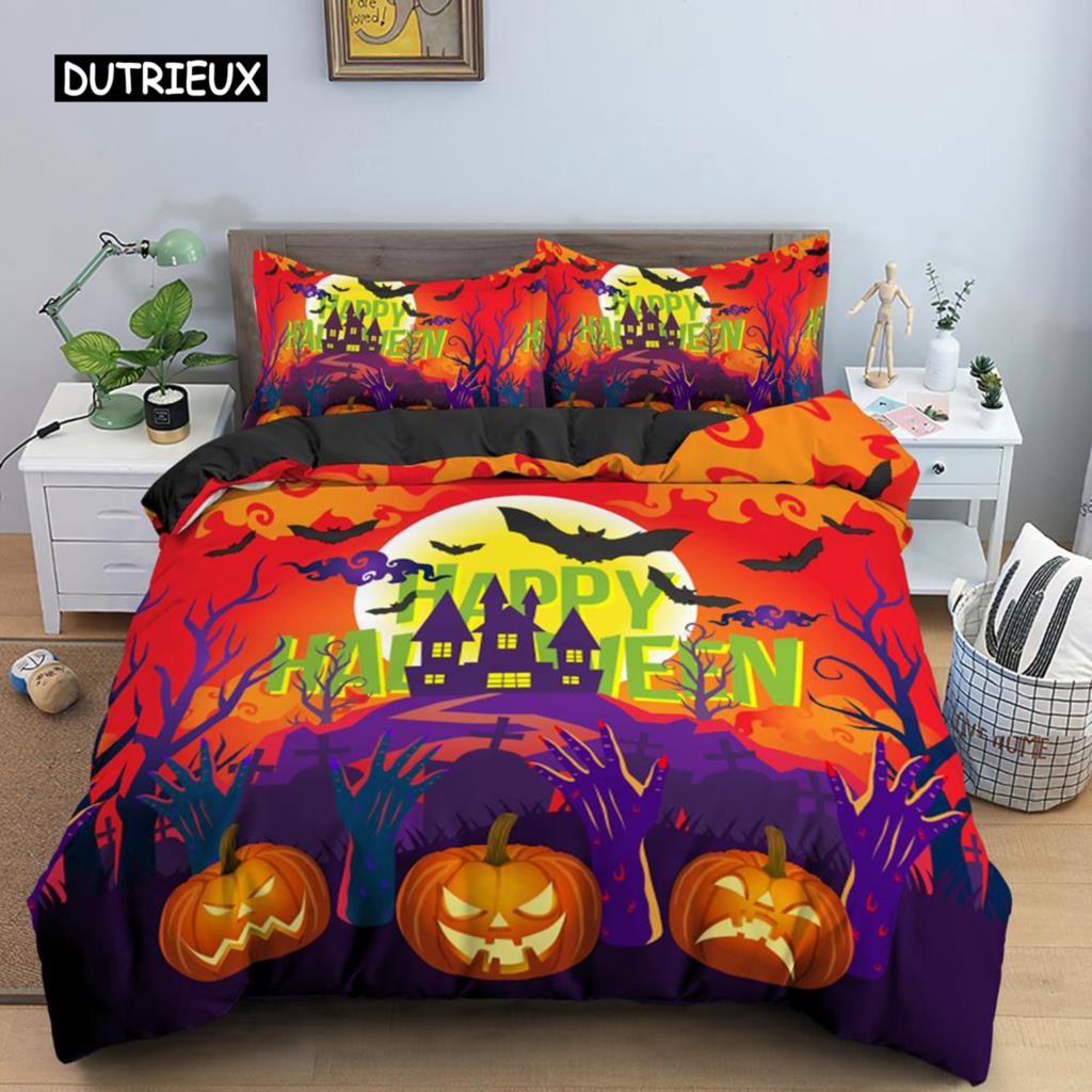 Halloween Bettbezug-Set King Size Lustiges Cartoon-Design Kürbis Einzelbettwäsche-Set Mikrofaser Halloween-Thema Bettdeckenbezug-Set