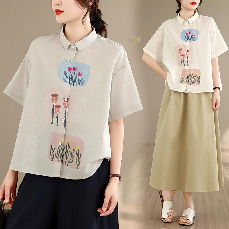 DIMANAF 2026 Women Plus Size New Summer Blouse Shirt Short Sleeve Casual Loose Print Lady Tops Shirts Cotton