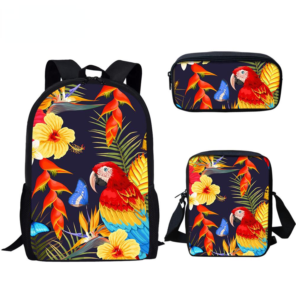 Classic Novelty Parrot Bird Pattern 3D Print 3pcs/Set School Bags Laptop Daypack Backpack Inclined Shoulder Bag Pencil Case