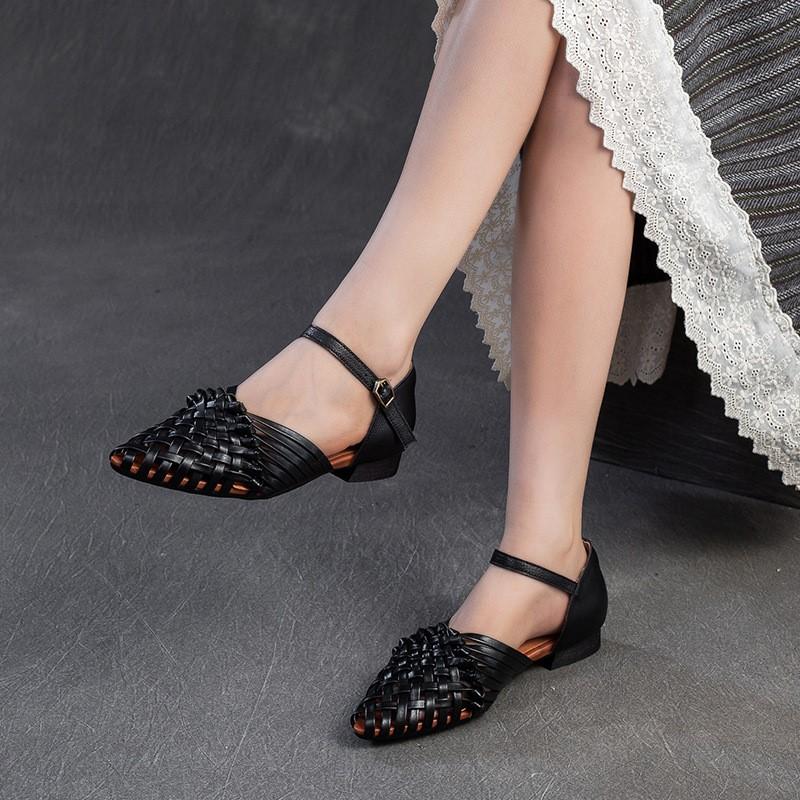 Fashion GKTINOO 2025 Summer New Retro Hand Woven Genuine Leather Flat Sandals Breathable Buckle Commuting Women's Shoes