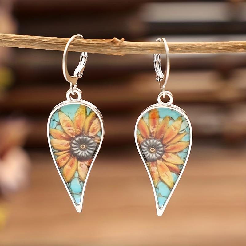 Irregular Droplet Shape Sunflower Pattern Vintage Dangle Earrings Retro Vacation Style Alloy Jewelry Delicate Female Gift