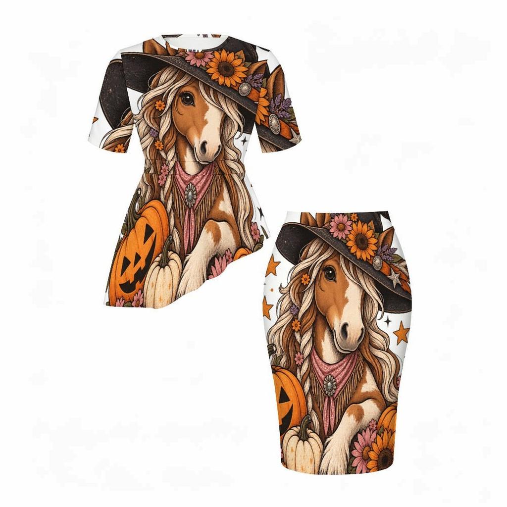 Women Plus Size Halloween Printed Round Neck Short Sleeve Asymmetric Top Fitted Skirt Two Piece Set