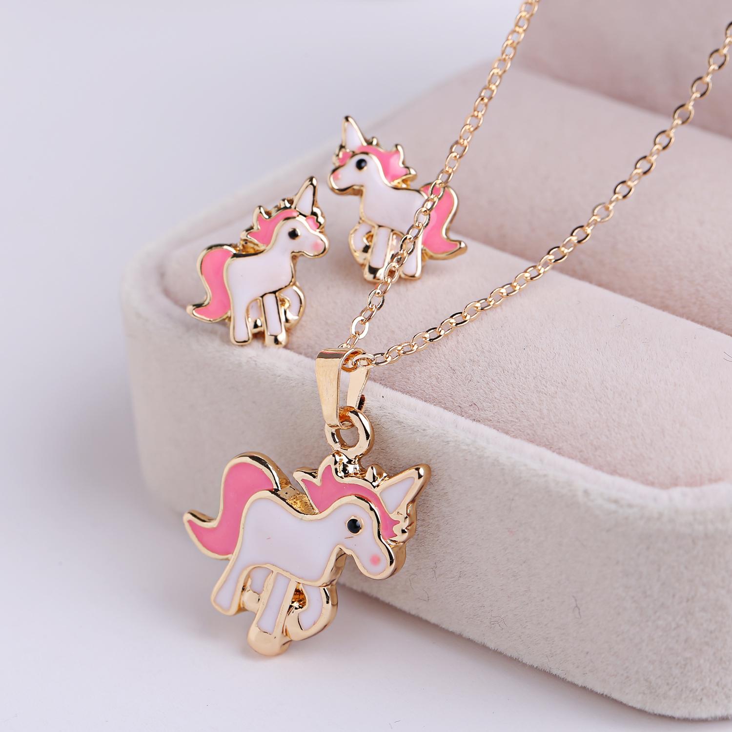 

Lovely Enamel Cartoon Animal Horse Jewelry Set for Women Girls Sweet Pink Colt Foal Stud Earring Pendant Necklace Jewelry Gift