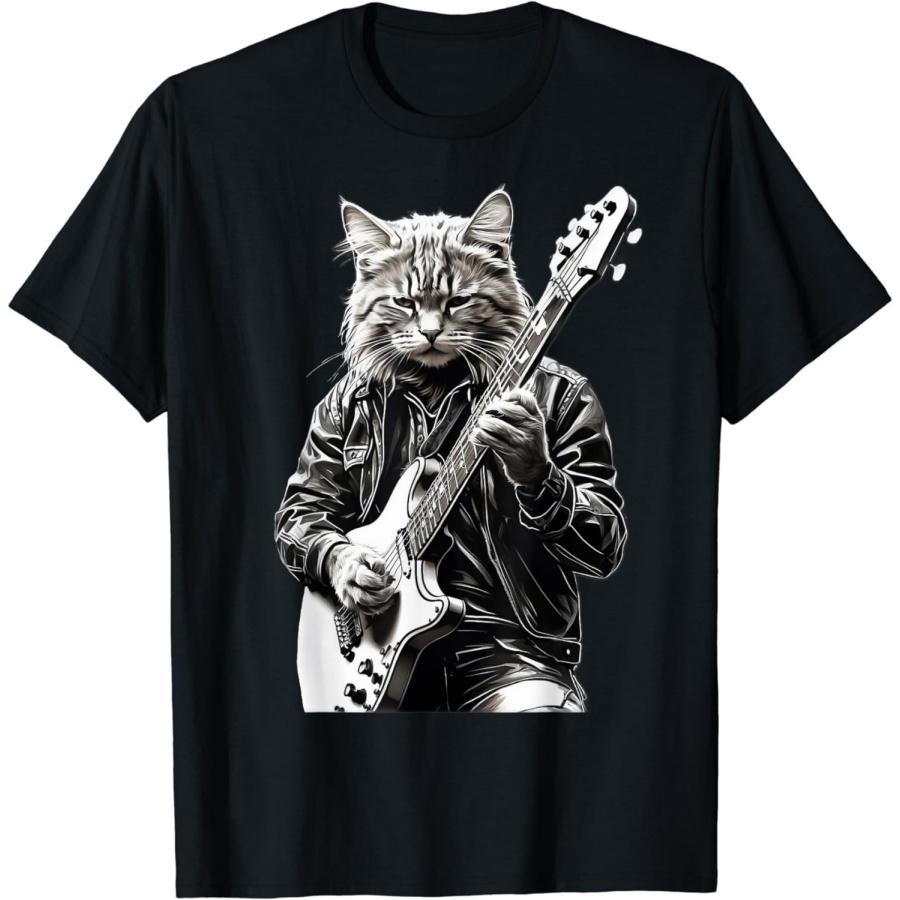 VitMit Rock Cat Playing Guitar Mens Woman Funny Guitar Cat T-Shirt S