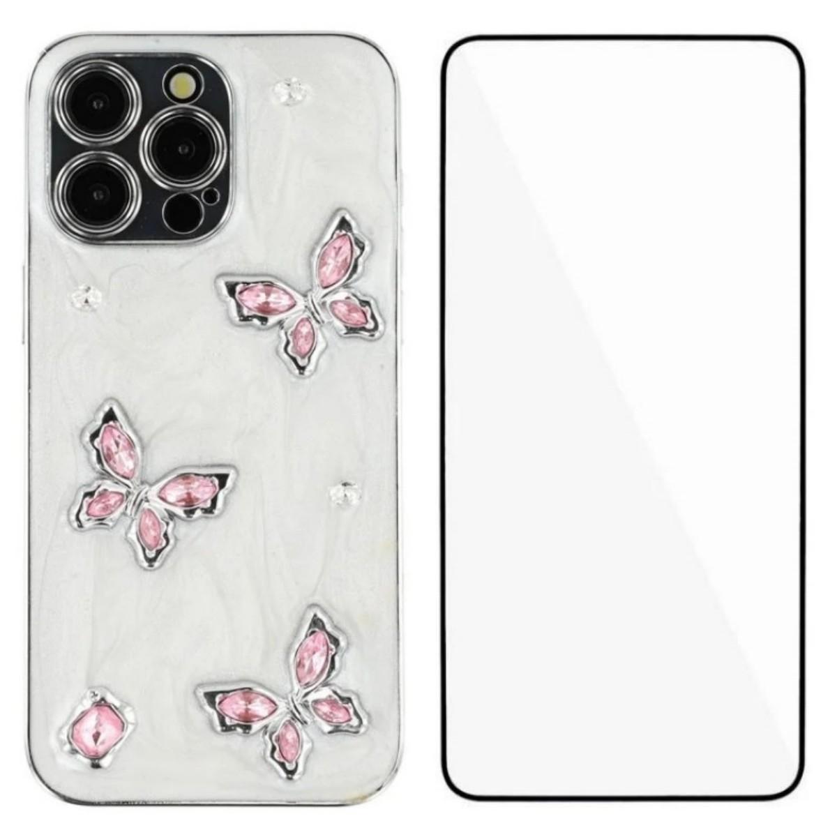 

For iPhone 14 Pro Max Case WANLONFENG Electroplated Epoxy TPU+Acrylic Phone Cover with Tempered Glass Pink Butterfly