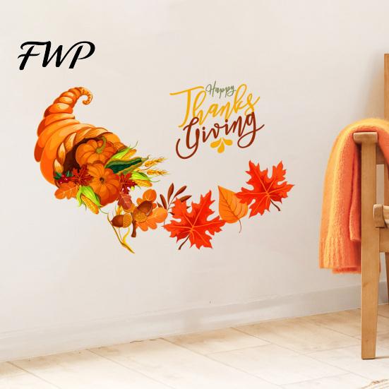 Autumn Harvest Wall Decals Festival Stickers for Thanksgiving Decor, PVC Cornucopia Pumpkins And Maple Leaves Decals, Festive Art Peel Stick