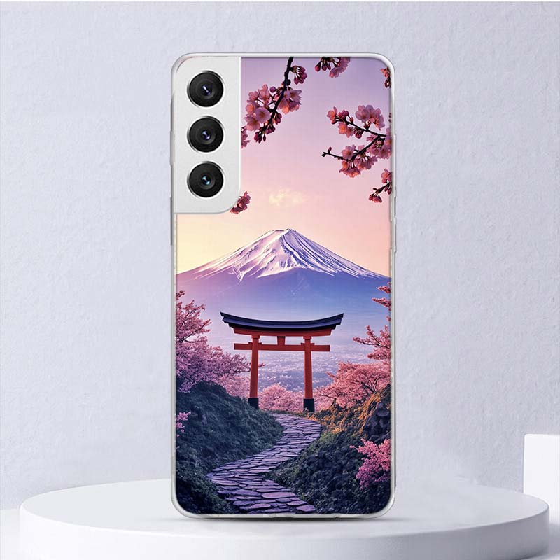 Japanese Cherry Mount Fuji Soft Case For Samsung Galaxy S25 S24 S23 S22 Ultra Phone Cover S20 FE S21 Plus S25 Edge + Funda Coque