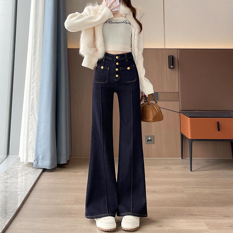 Non-stick leg flared jeans women's autumn and winter velvet, new trendy and thin design floor-mopping pants