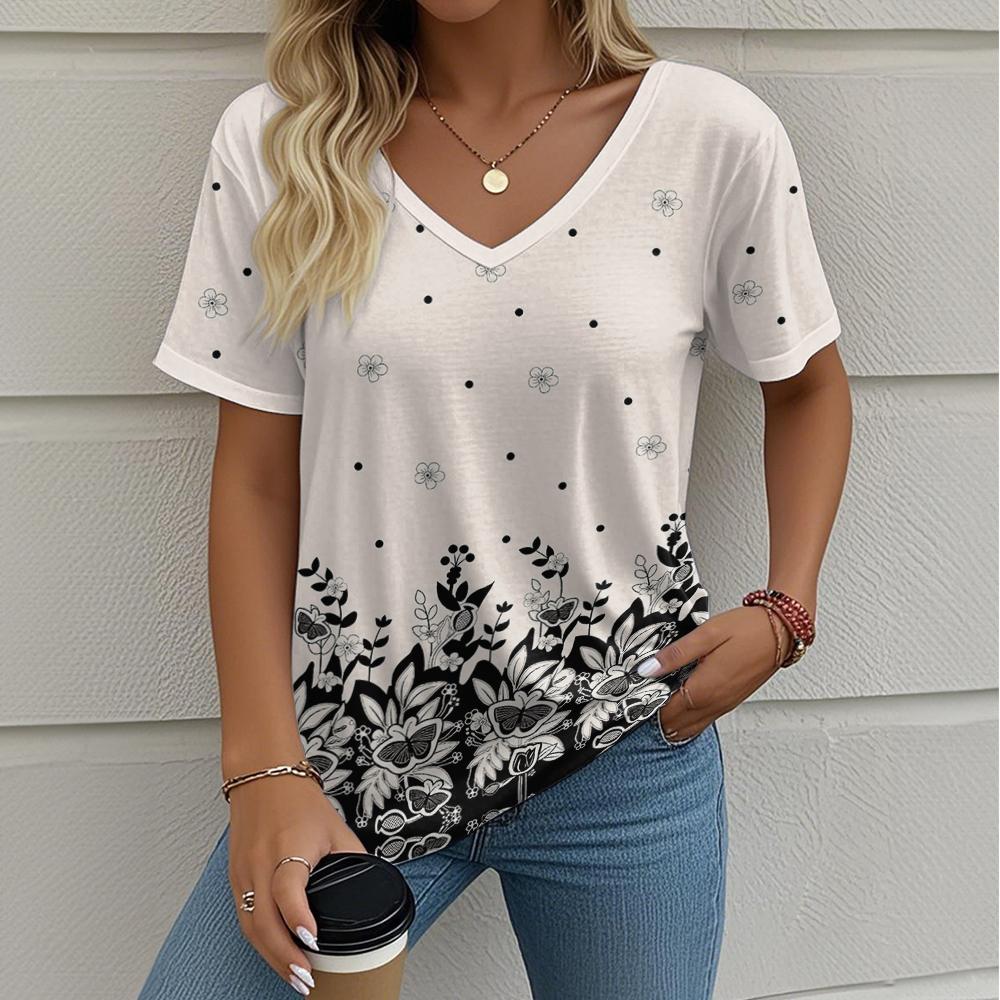 Damska Koszulka Kwiatowy Wzór Outdoor Retro Moda Codzienna Oversize Dekolt V Y2k Krótki Rękaw Letnia Odzież Damska
