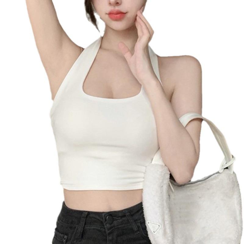 Sexy Spice Neck Halter Small Suspender Female Slim Short Navel Solid Color Threaded Versatile Short Top Trendy Summer