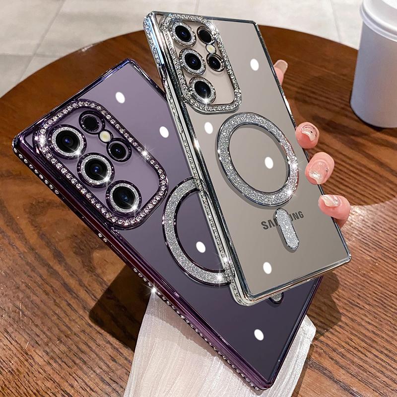 Luxury Sparkly Crystal Clear Case For Samsung Galaxy S24 Plus S23 S22 Ultra Magsafe Magnetic Wireless Charge Lens Film Cover