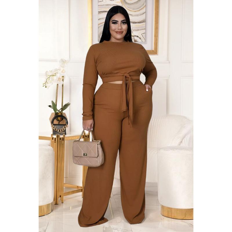 Conjunto de dos piezas de pantalón y pantalón ancho con bolsillos y cordones para mujer, talla grande