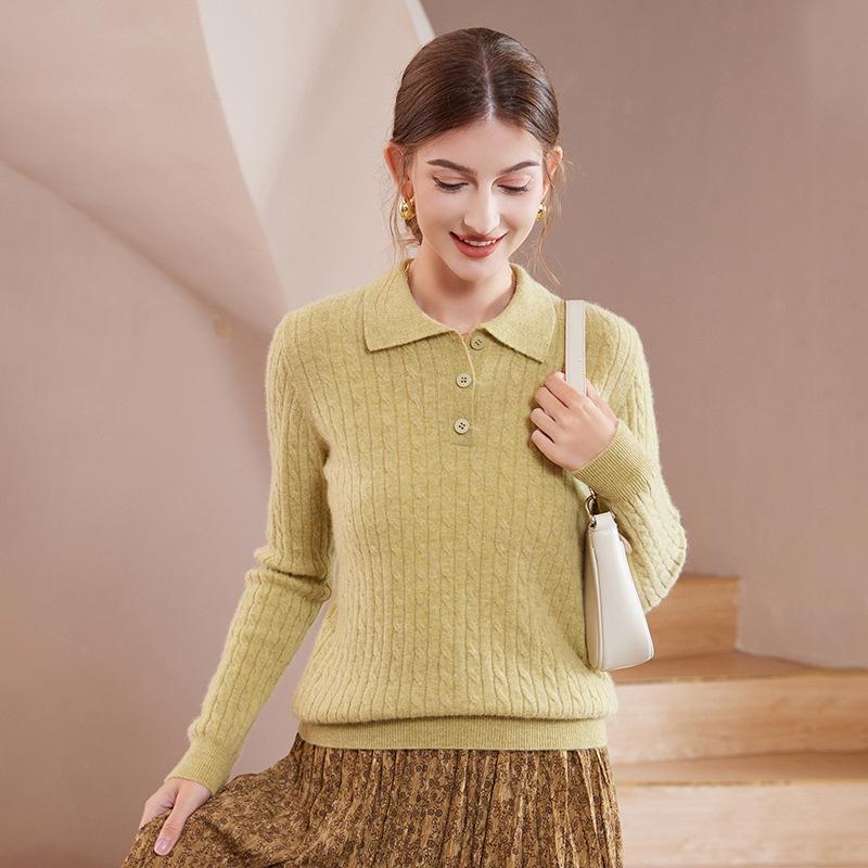 2024 Autumn/Winter Women's Casual Loose Korean Style Cable Knit Polo Collar Sweater