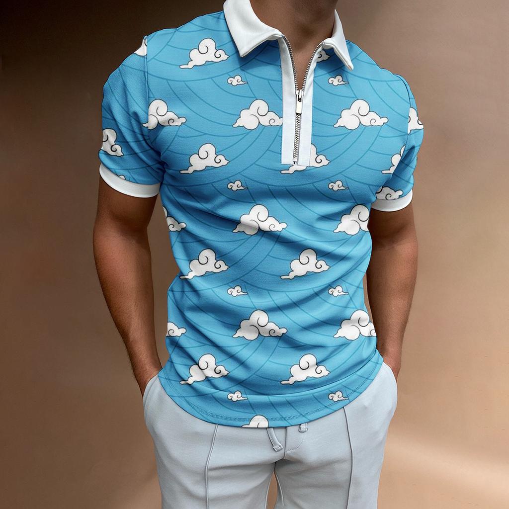 2022 new independent station supply 3D printing lapel short-sleeved pullover casual men's T-shirt zipper POLO shirt
