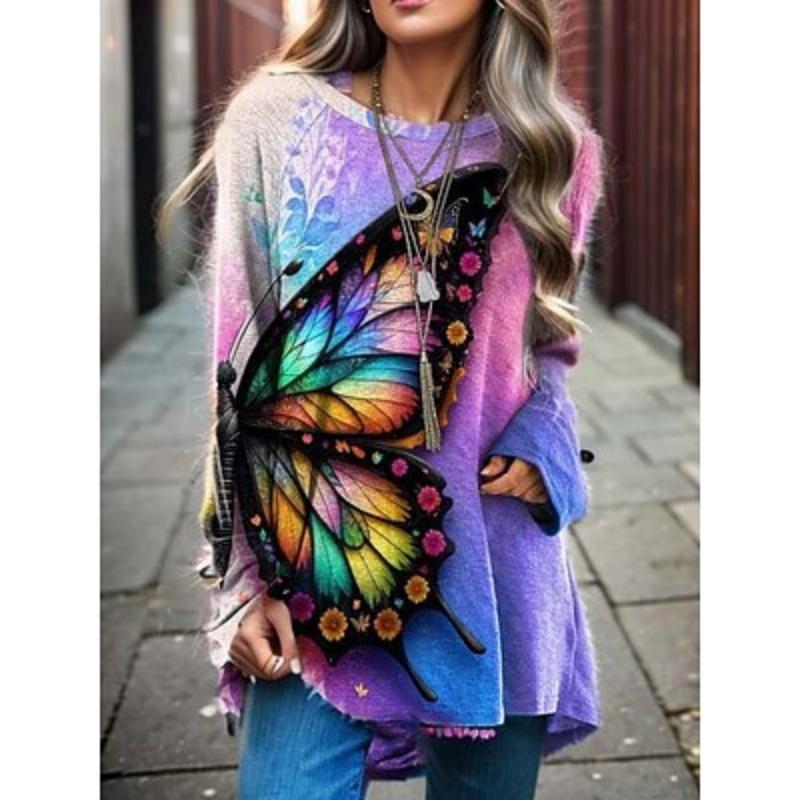 

Women s T Shirt Butterfly Fashion Long Sleeve Round Neck Long Tops Daily Weekend Print Pink Purple Spring & Fall XL