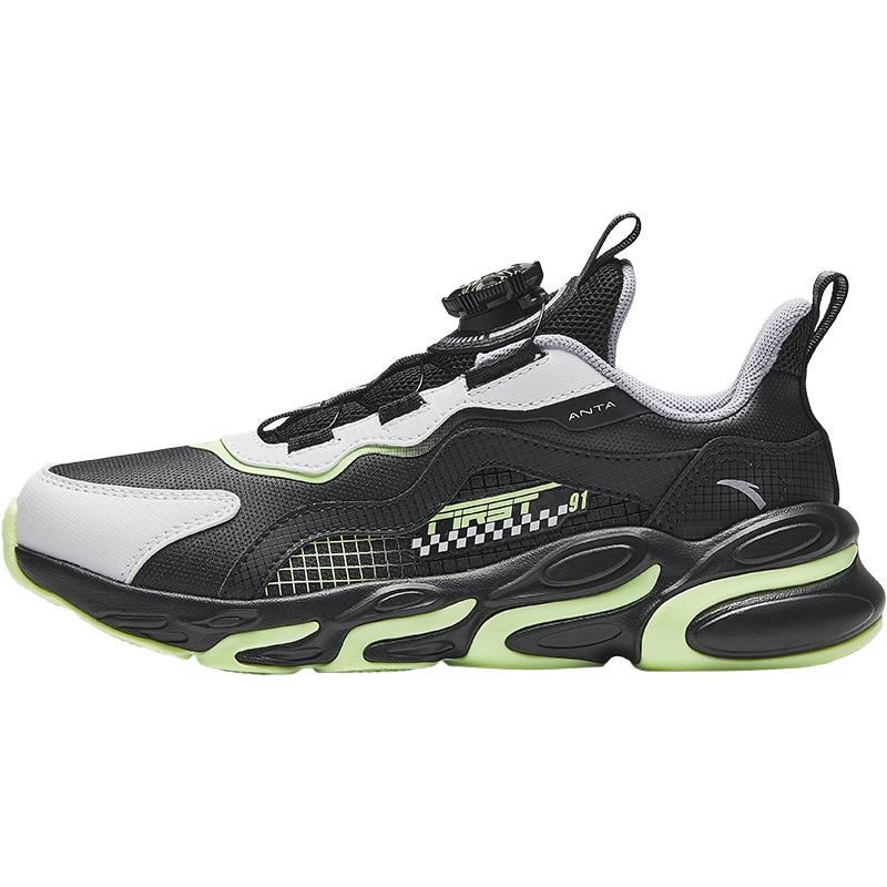 Anta Kids Synthetic Leather Fabric Trendy Versatile Lightweight Shock Absorption Low-Top Running Shoes Kids Sneakers Black White Green A12435523N-1