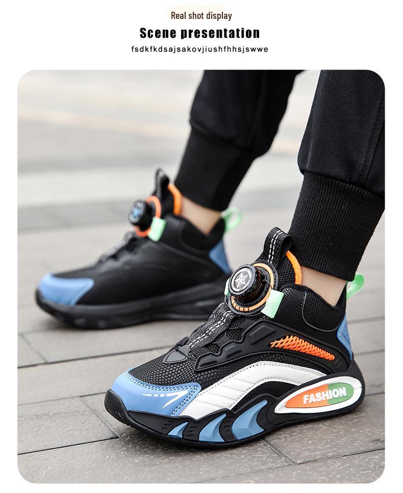 Kids' Rotating Button Sneakers - Leather, Velvet-Lined for Autumn & Winter