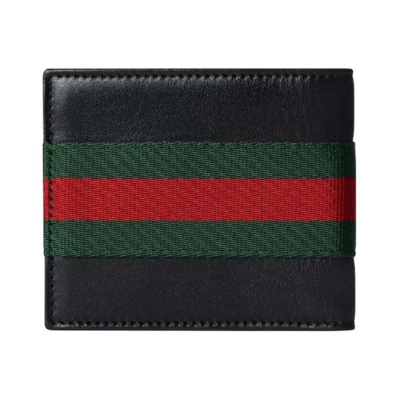 Gucci WebTrademark Stitched Bifold Design Contrast Color Stitching Soft Leather Wallet Men's Black
