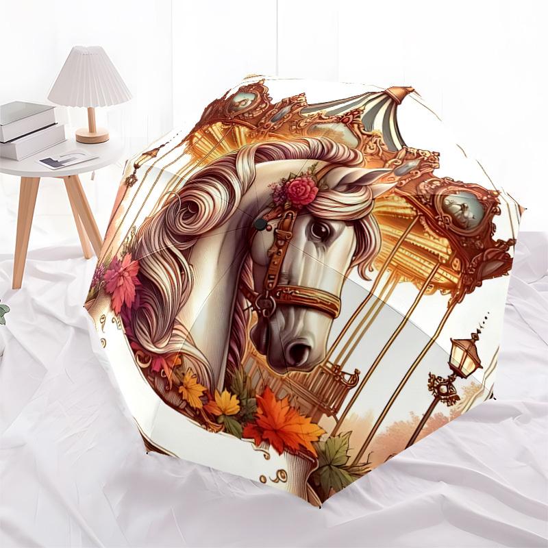 1pc Carousel Horse Open/Close Folding Umbrella, All- Portable Umbrella for & Men, Stylish Accessory (Holiday Gift) 8-Rib Yy251213176
