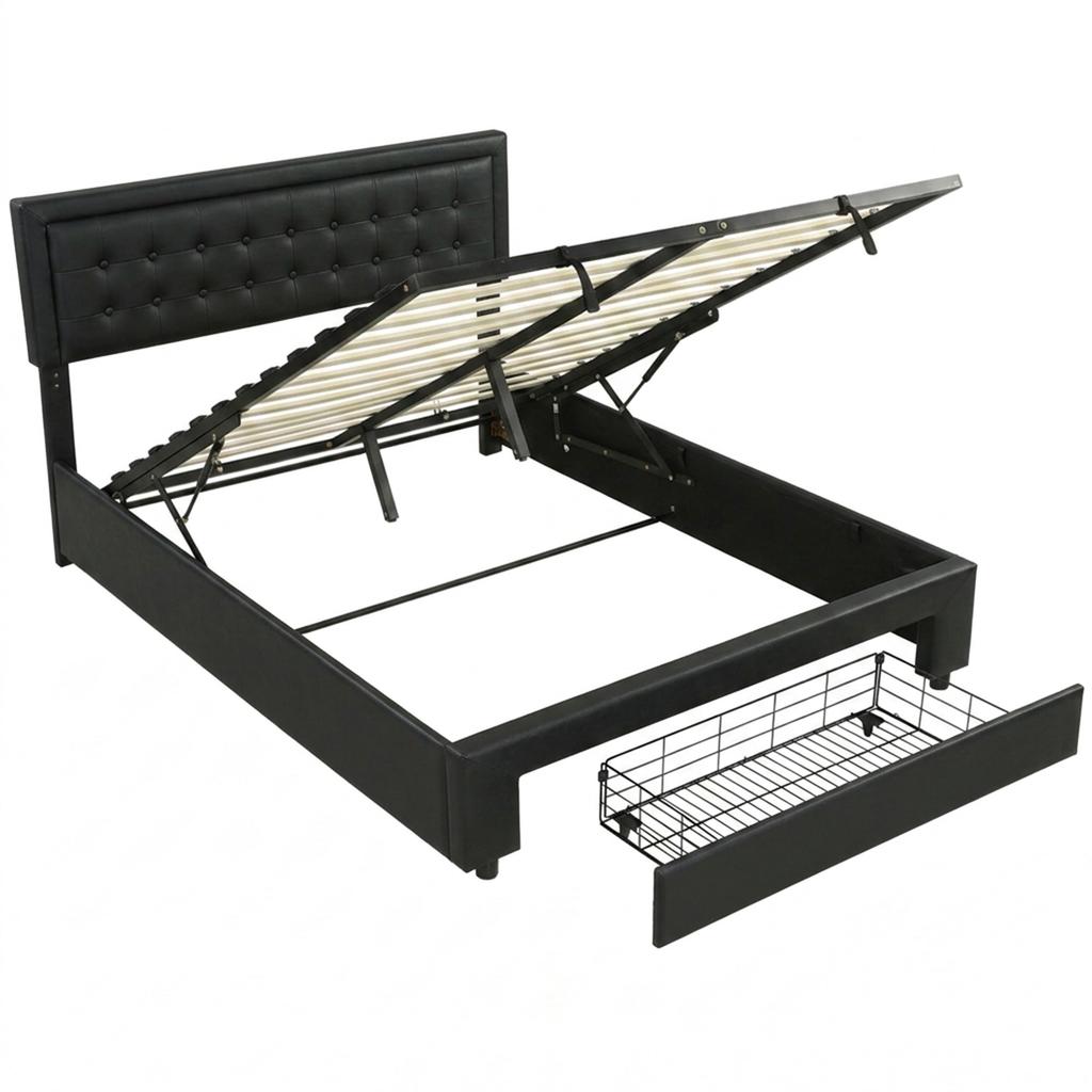 PU Leather King Size Ottoman Bed Frame, with Front Drawer - Black