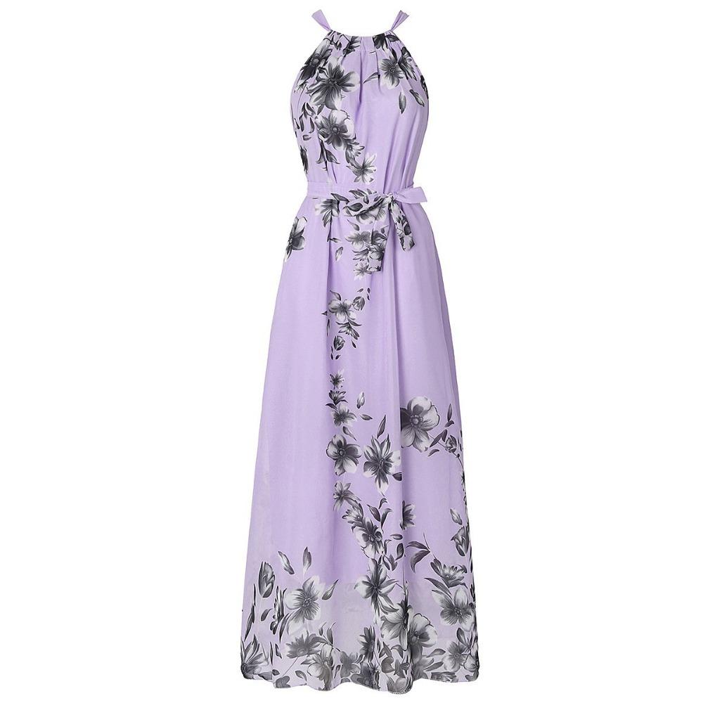 Women's Sleeveless Halter Straight Fit Loose Waist Fresh Floral Print Maxi Chiffon Dress