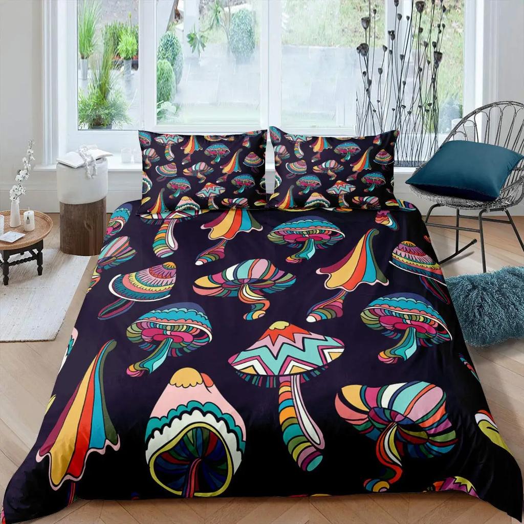 Blue Purple Beding Mushrom Soft Duvet Cover Set Fantasy Galaxy Sky Mushrom Design Psychedelic Young Boys Young Girls Gifts Bedrom Decoration