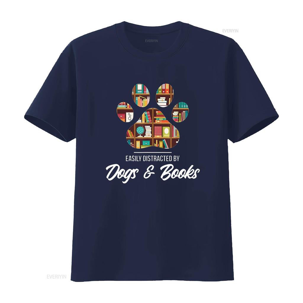 Easily Distracted By Dogs And Books Animal Lover T Shirt vintage Washed fashion Top For Everyday Wear homme Breathable