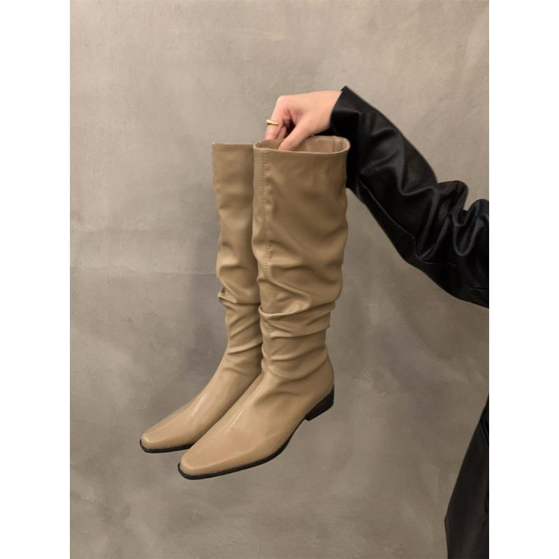 Thick heel pleated stack long tube knight boots women's shoes new spring and autumn western thin medium tube long boots