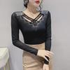 Autumn 2022 Fashion: Slim Fit V-Neck Long-Sleeve Women's Top with Mesh and Sparkling Detailing