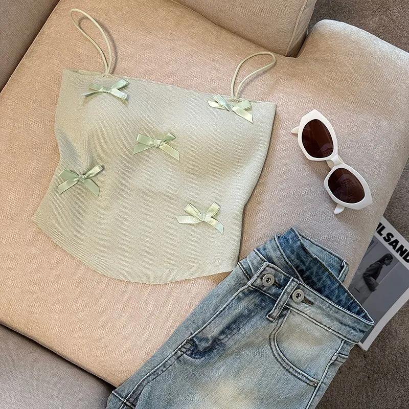 Women's Sweet Pink Bow Embellished Spaghetti Strap Knit Tank Top