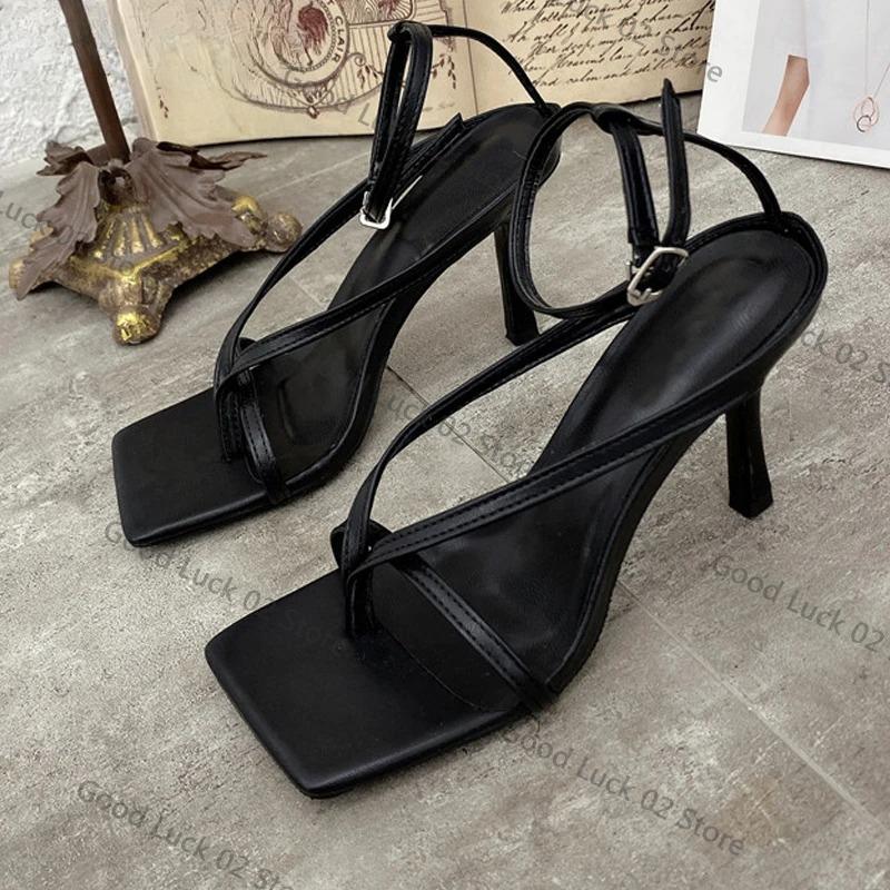 Fashion 2025 New Fashion Pinch Narrow Band Women Sandals 2025 Summer Square Open Toe Ankle Buckle Strap High Heels Ladies Shoes