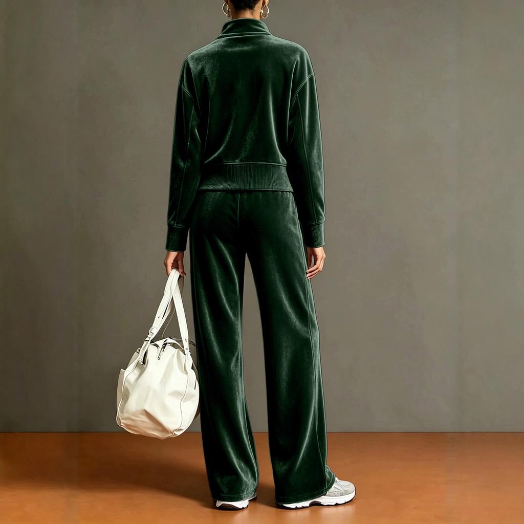 Women's Casual 2 Piece Set - Color Stand Collar Cardigan with Wide Leg Pants
