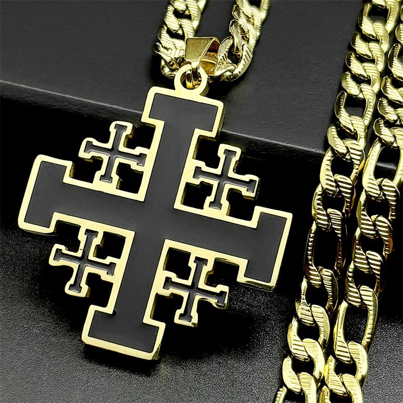 Křesťanský černý smaltovaný jeruzalémský kříž přívěsek náhrdelník pro muže nerezová ocel zlatá barva Hip Hop řetízek amulet šperky dárek