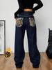 Women's Retro Dark Blue Leopard Print Plush Lined Denim Pants - Autumn/Winter Thick Long Pants