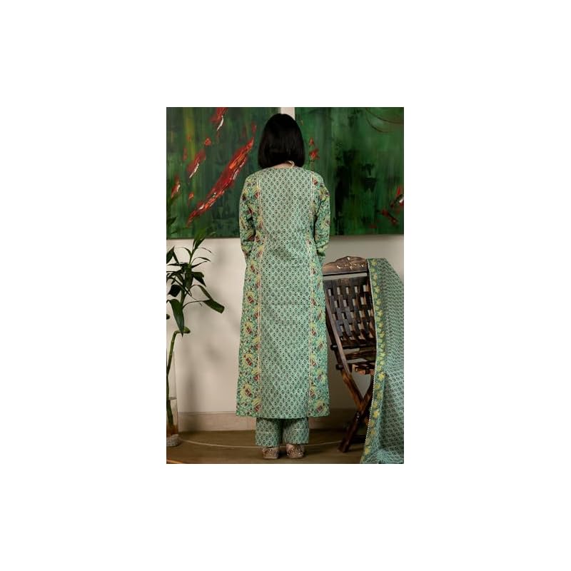 GoSriKi Women' Rayon Blend Straight Printed Kurta with Pant & Dupatta (SANGHVI GREENGS_S_Green_Small)
