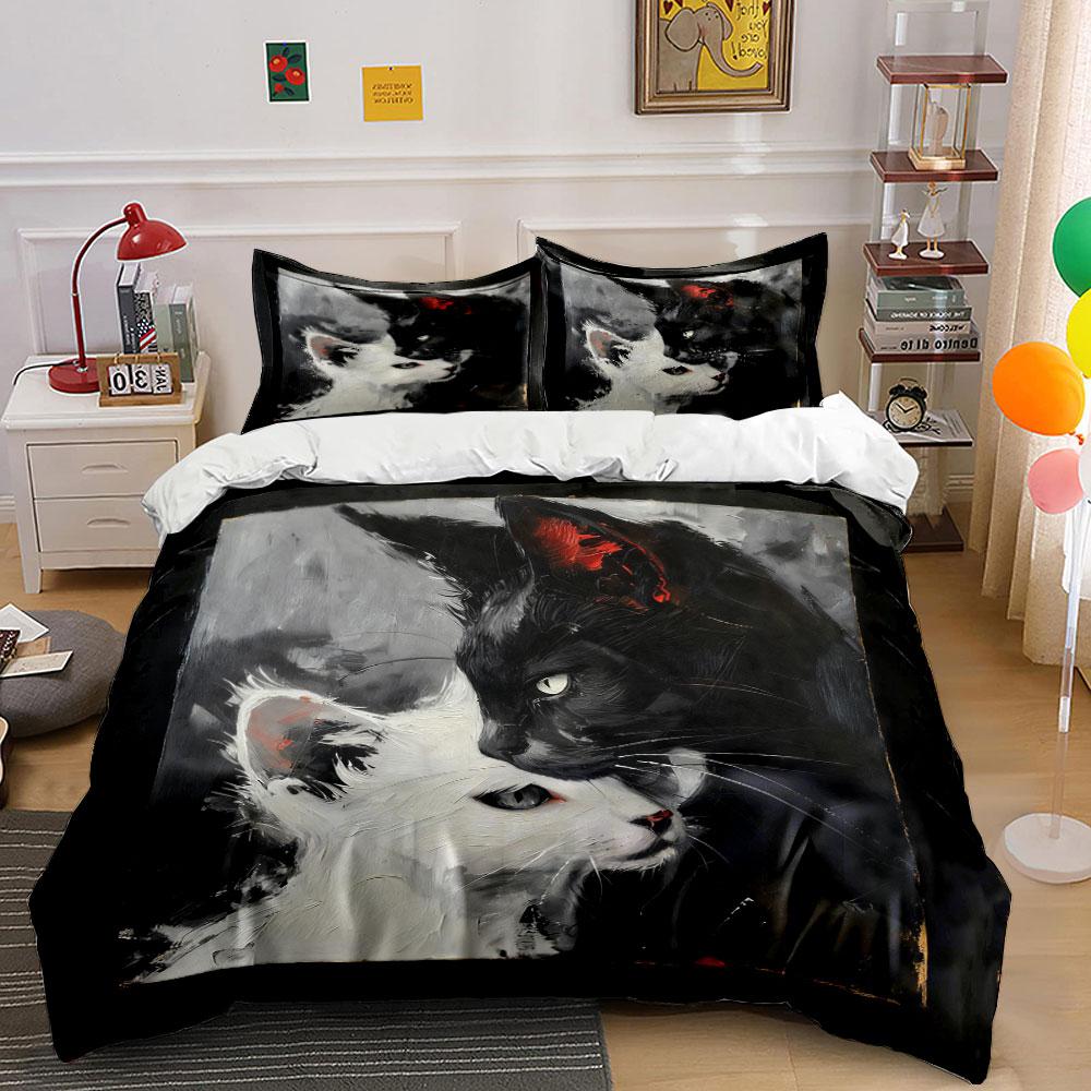 Abstract White And Black Cat Art Set Soft Comfortable Duvet Cover Bedding Set Included 1*Duvet Cover & 2*Pillowcases, Gift