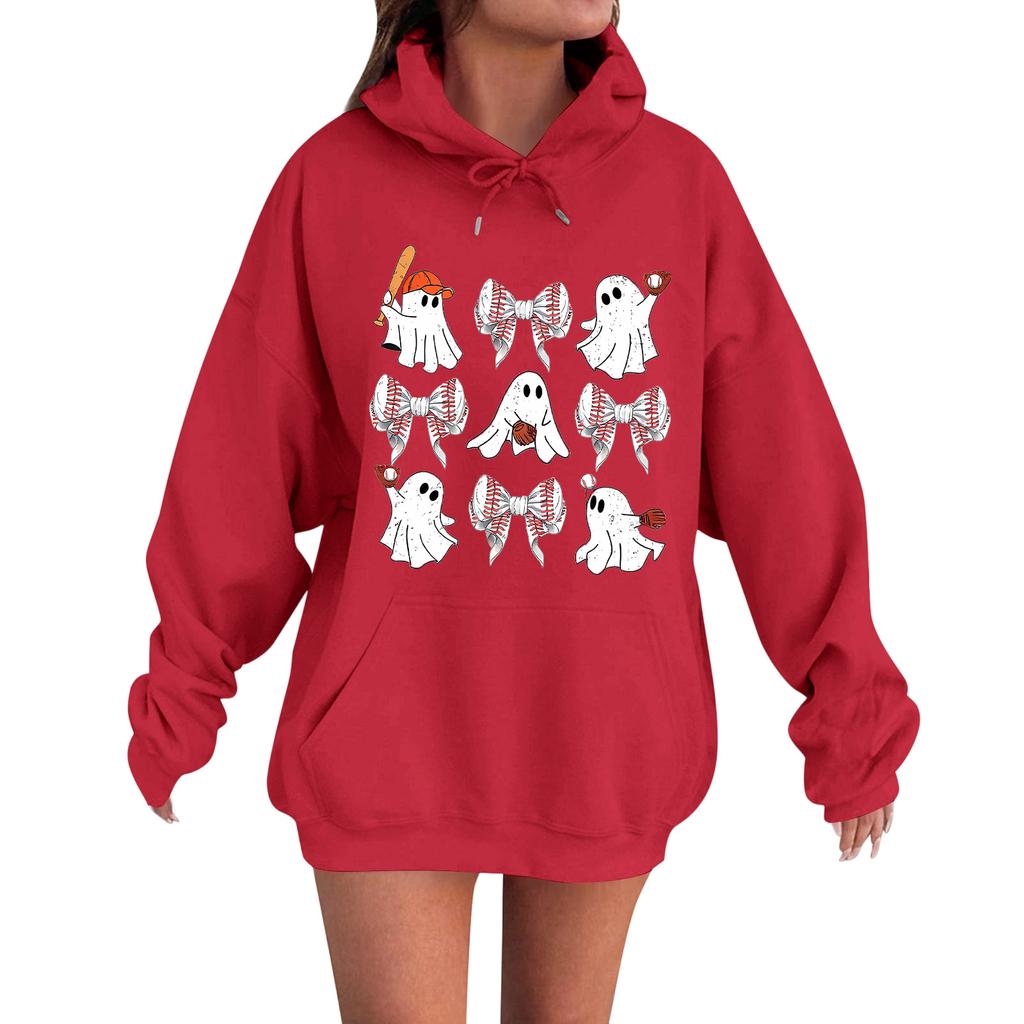 Women's Casual Fashion Comfortable Round Neck With Hood Long Sleeve Halloween Print Warm Sweatshirt