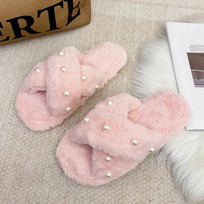 Warm Plush Slippers Women Slides Flat Heels Fluffy Fur Pearl Women Shoes Low Heels Platform Fur Slippers Shoes