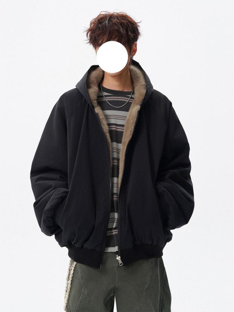 Trendy Reversible Faux Rabbit Fur Men's Winter Jacket: Cool, Warm, Retro Hooded Cotton Coat for Couples