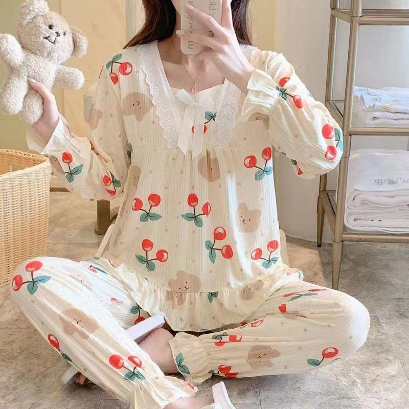 

Пижама для женщин весна-осень кардиган брюки с длинными рукавами пижамный комплект корейский стиль свободный женский новый милый домашний комплект одежды 2XL