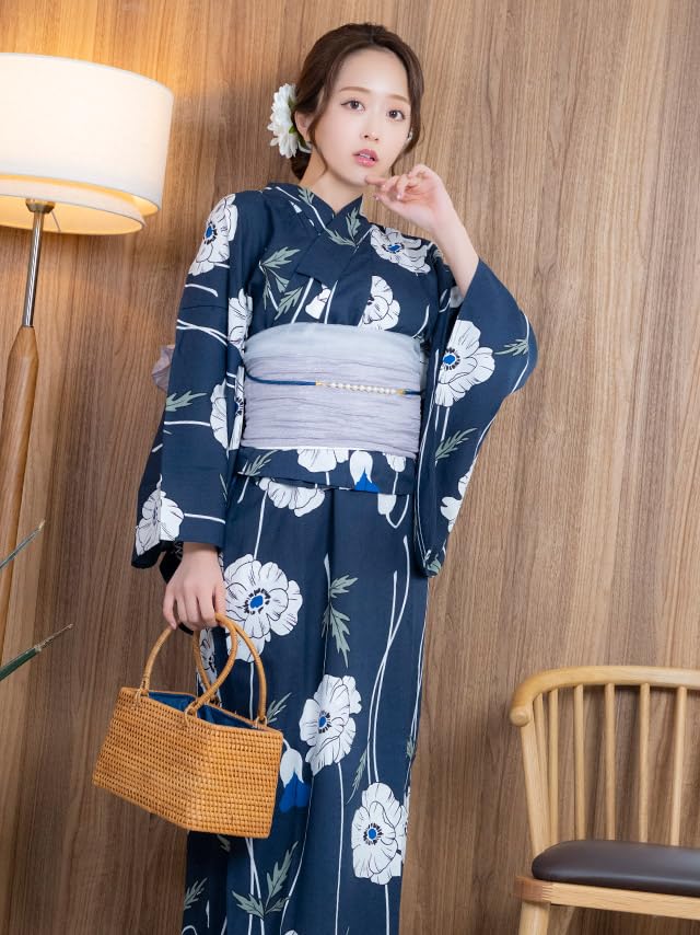 Tika Yukata Perfect for Summer Includes and Navy Blue with Poppy Set Women's Set, Festivals, Dress, Haori, Obi, Pattern, 3-Piece (tk-ykop24-t002)