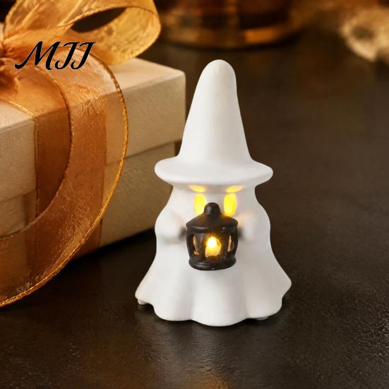 Non Scary Halloween Decoration Ghost Decoration, Light Up Cute Spooky Figurine with Pink Room Decor Pumpkin/Lantern for Table Tiered Tray Fireplace